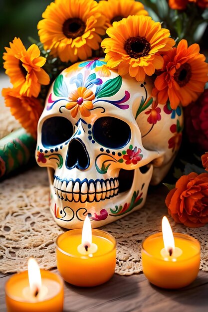 Foto dag van de dode schedel met calendulabloemen en brandende kaarsen