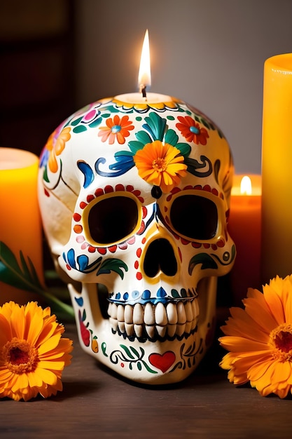 Foto dag van de dode schedel met calendulabloemen en brandende kaarsen