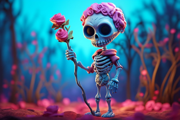 Dag van de doden 3D cartoonweergave van een schattige skeletskeletman die een roos vasthoudt