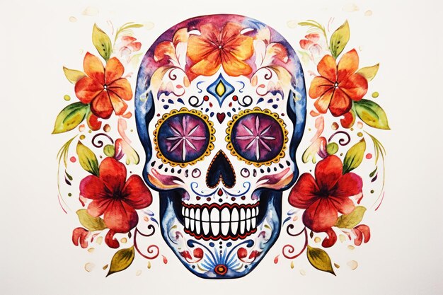 Dag van de doden dia de los muertos illustratie Kleurrijke schedel met bloemen aquarel stijl