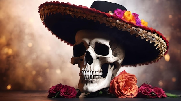 Dag van de doden of dia de muertos 3D-schedel met bloemen Gegenereerd met AI