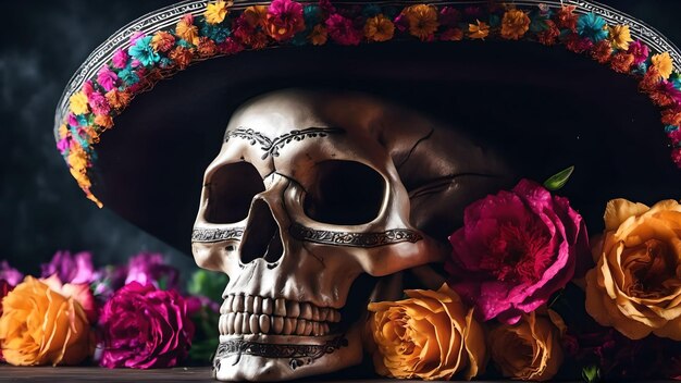 Foto dag van de doden of dia de muertos 3d-schedel met bloemen gegenereerd met ai