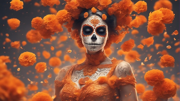 Foto dag van de doden suiker schedel vrouw met oranje marigold bloemen in haar haar