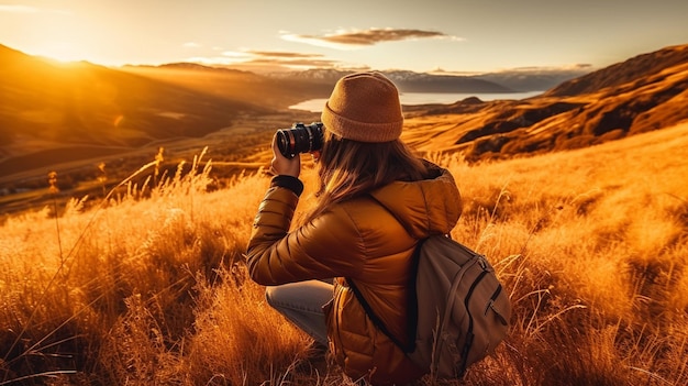 Dag van de fotograaf Een gepassioneerde fotograaf die een prachtig landschap vastlegt in het gouden uur De oorlog