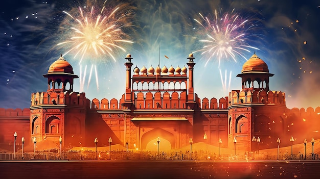 Dag van de Republiek India Rood fort en vuurwerk op de achtergrond