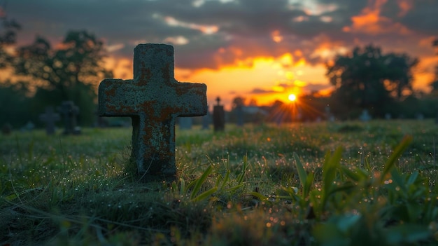 Dageraad licht het werpen van een silhouet van een christelijk kruis op het gras vreedzaam en hoopvol AI Generative