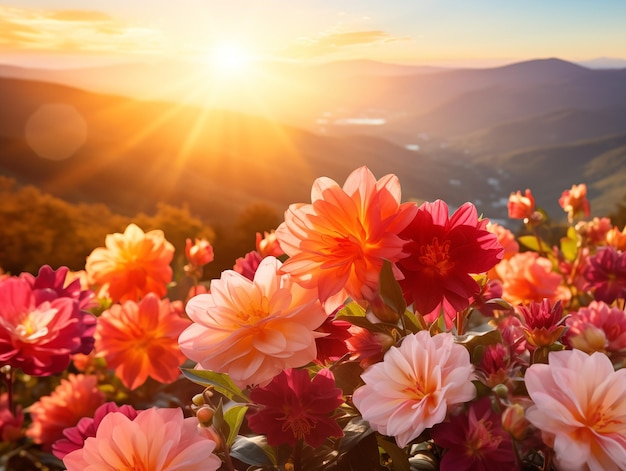 Dahlia bloemen omarmen de warmte van een berg zonsondergang levendige tinten