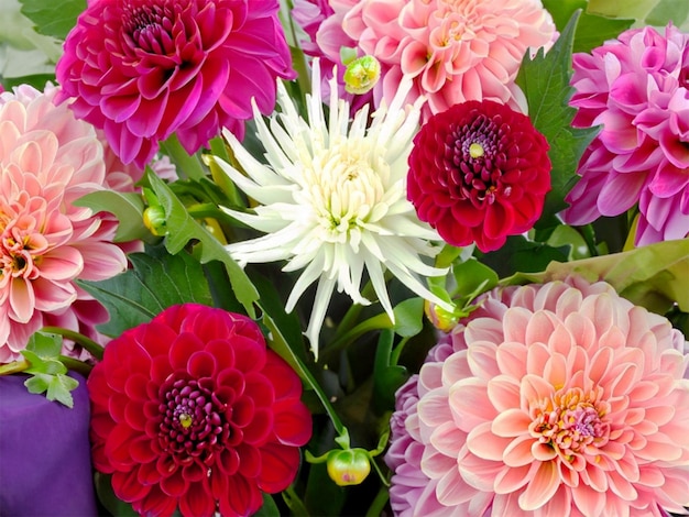 Dahlia bloemen zijn kleurrijk met een overheersing van rood en roze