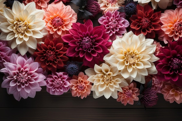 Dahlia en tuinbloemen op geïsoleerde witte houten achtergrond AI generatief