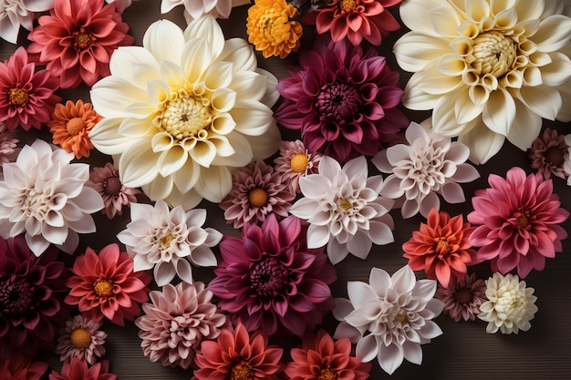 Dahlia en tuinbloemen op geïsoleerde witte houten achtergrond AI generatief