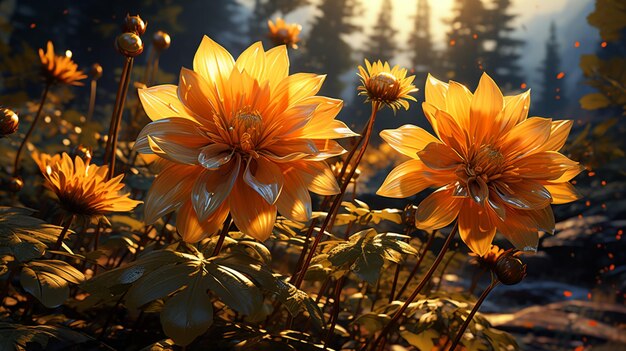 Photo dahlia flower sunset or sunrise sky yellow light on golden hours