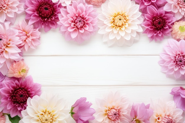 Dahlia flowers on white wooden background floral flat lay