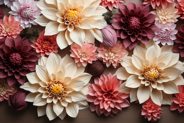 Dahlia and Garden Flowers on isolated white wooden background AI generative