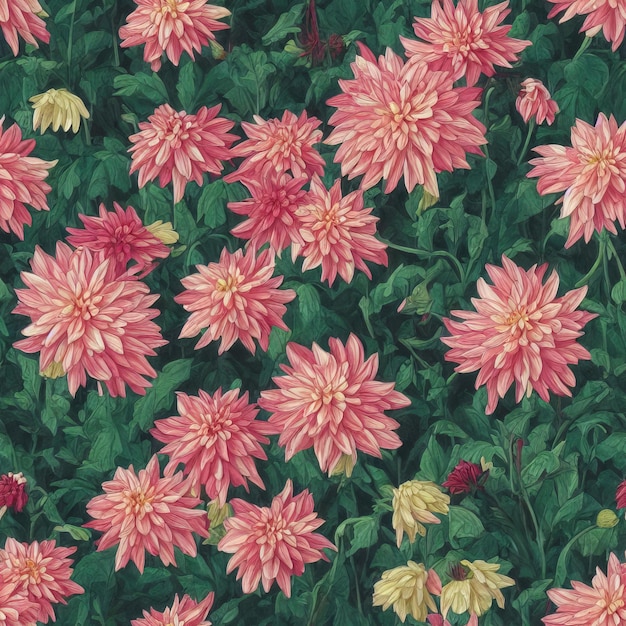 Dahlia's bloemen met bladeren - Botanisch schilderij van hoge kwaliteit