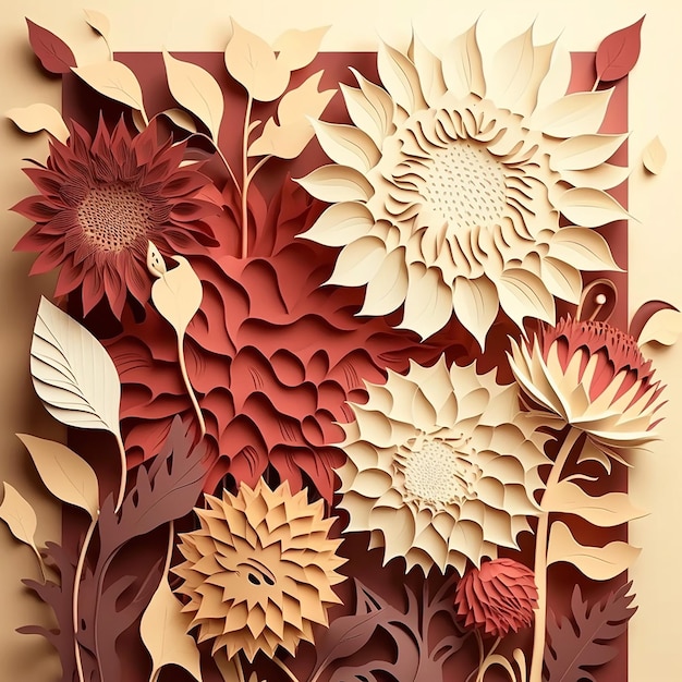 Dahlia and sunflower garden in paper cut style Generative AI