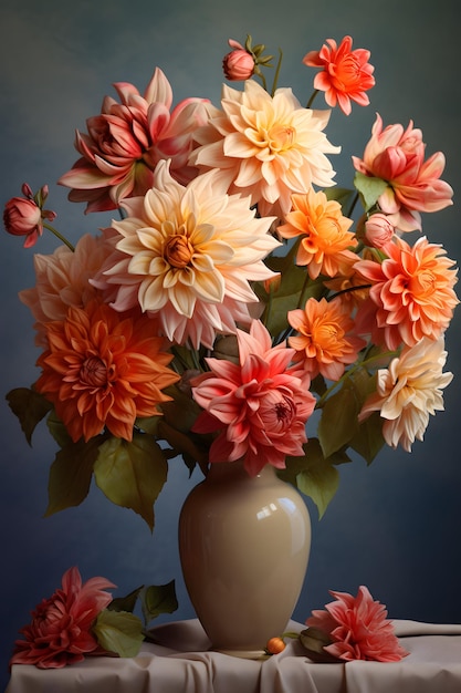 dahlias in a vase on the table