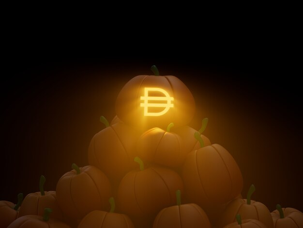 Dai Carved Pumpkin Stack Stapel Crypto Valuta 3D Illustratie Render Donkere Verlichting