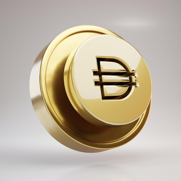 Dai cryptocurrency-munt. Gouden 3d teruggegeven munt met Dai-symbool dat op witte achtergrond wordt geïsoleerd.