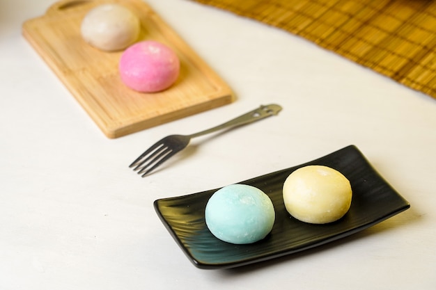 Daifukumochi, or Daifuku, is a Japanese confection consisting of a small round mochi stuffed with sweet filling, Japanese traditional sweets.