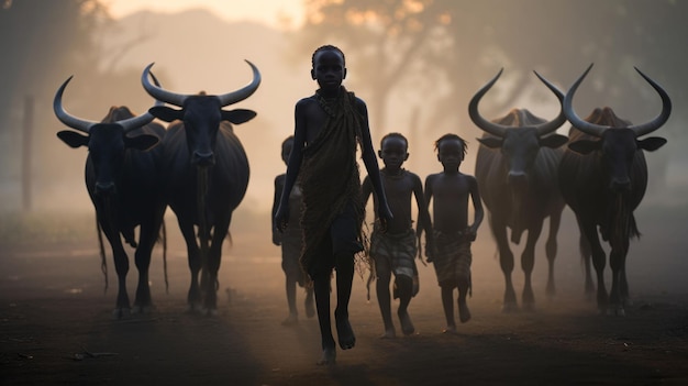 The daily life of the Mandari people of Southern Sudan herding the longhorned Ankole Watusi cattle