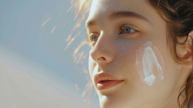 日常的なスキンケアルーティン 顔のケア製品を若い健康な女性が塗る 厚いクリームを顔に塗る