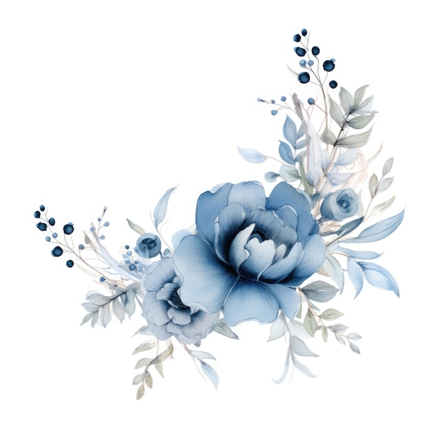 Dainty Blossoms A Delicate Watercolor Vector Illustration of a Dusty Blue Floral Corner Frame Grac