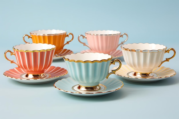 Photo dainty tea cups and saucers set against a light blue