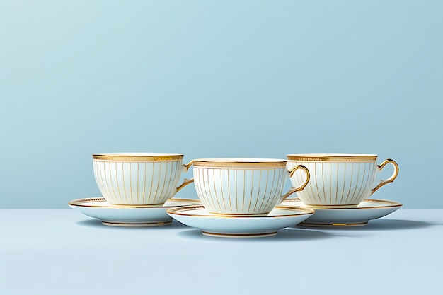 Dainty tea cups and saucers set against a light blue