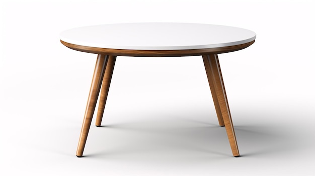 Foto un delicato tavolo rotondo bianco a tre gambe si trova isolato su uno sfondo luminoso