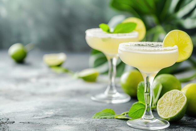 Daiquiri cocktail garnished with lime on a bright backdrop