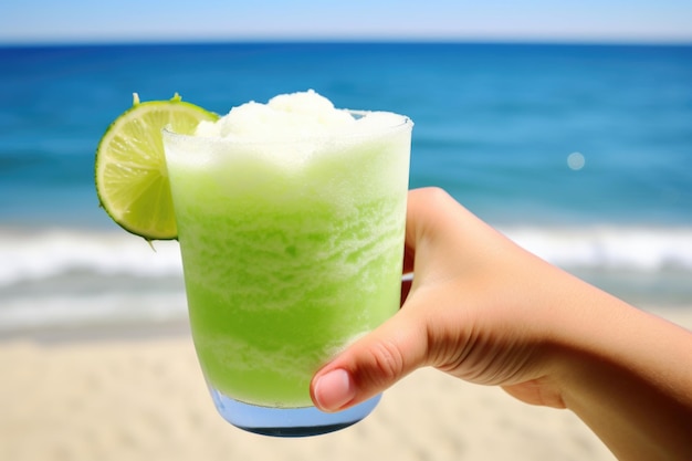 Daiquiri in hand with mint and beach background