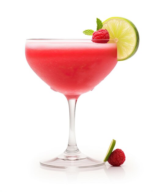 Daiquiri pink cocktail with lime and cherry on white background