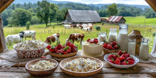 Dairy assortment on a table with cows grazing in the background