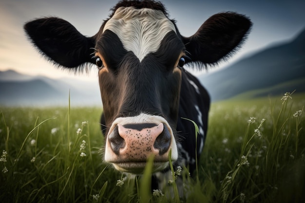 A dairy cow chewing grass in a field generative ai