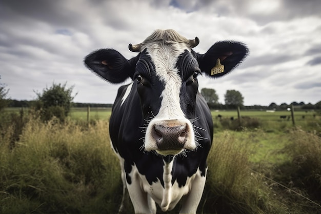 Dairy cow on a field facing the camera in a farming image