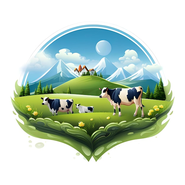 dairy cow logo adorned with mountain scenery and farms in the image