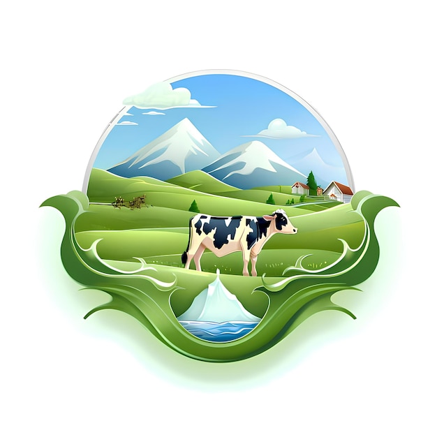 Photo dairy cow logo adorned with mountain scenery and farms in the image