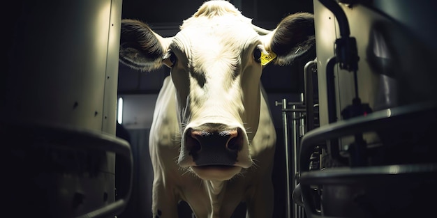 Dairy cow participating in an advanced milking system process Generative AI