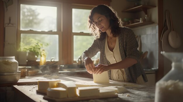 Photo dairy crafting harmony woman making homemade cheese blocks