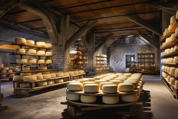 Dairy craftsmanship Cheese factory's shelves hold maturing dairy products reflecting traditional production techniques