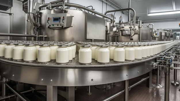 A dairy factory with a conveyor belt filled with yogurt