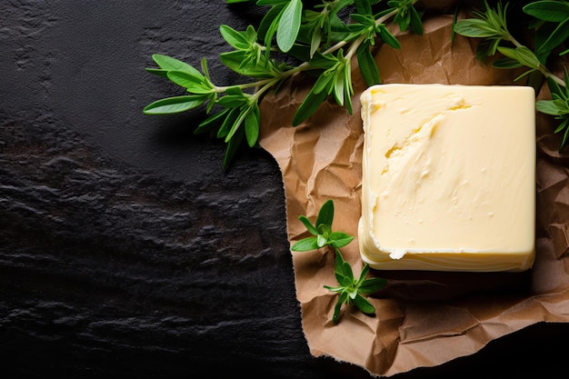 Dairy farm products on craft paper with butter Black background top view copy space