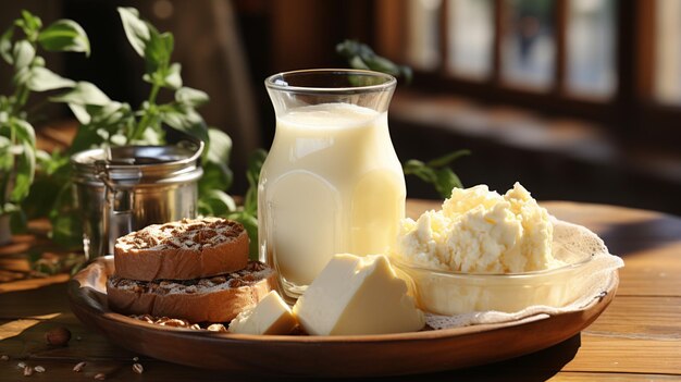 Photo dairy food for night on a wooden table closeup