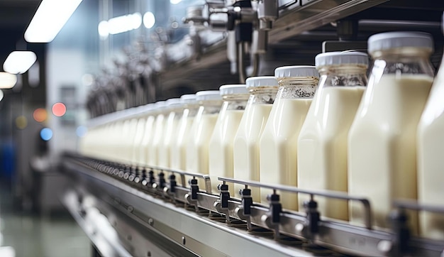 dairy industry production line with milk bottles in the in the style of beige