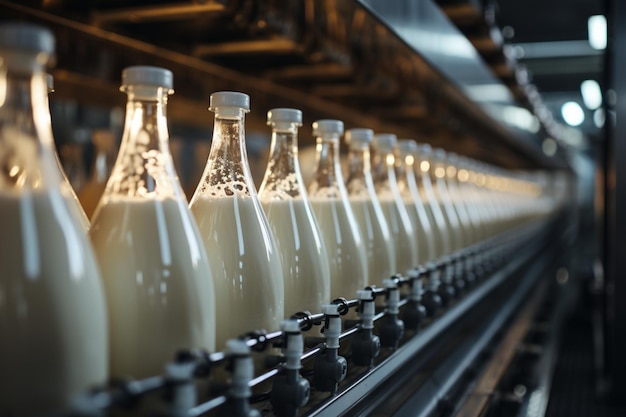 In the dairy plant a conveyor moves milk bottles efficiently