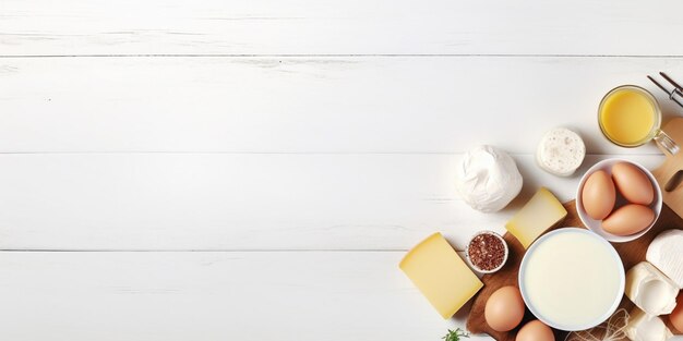 흰색 나무 테이블에 있는 유제품 두부 우유 요구르트 치즈와 계란 유기농 파 생성 AI