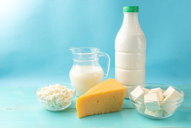 Dairy products on a blue wooden table