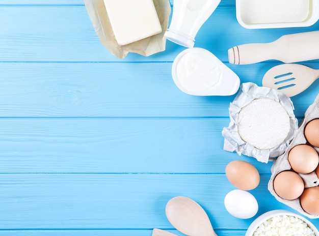 Dairy products on blue wooden