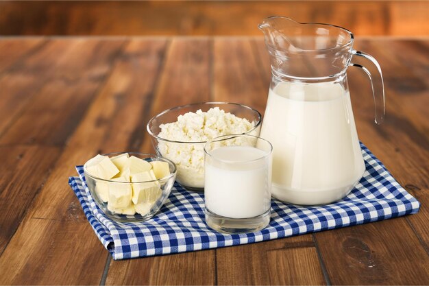 Dairy products collection on wooden table