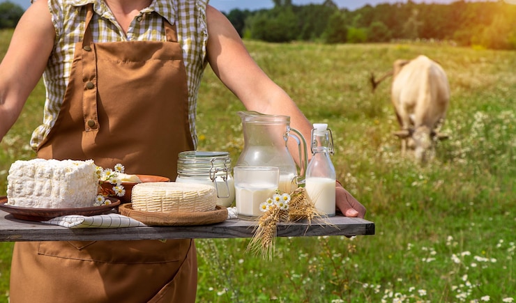 Photo dairy products on a cow farm are held by a woman in her hands selective focus food
